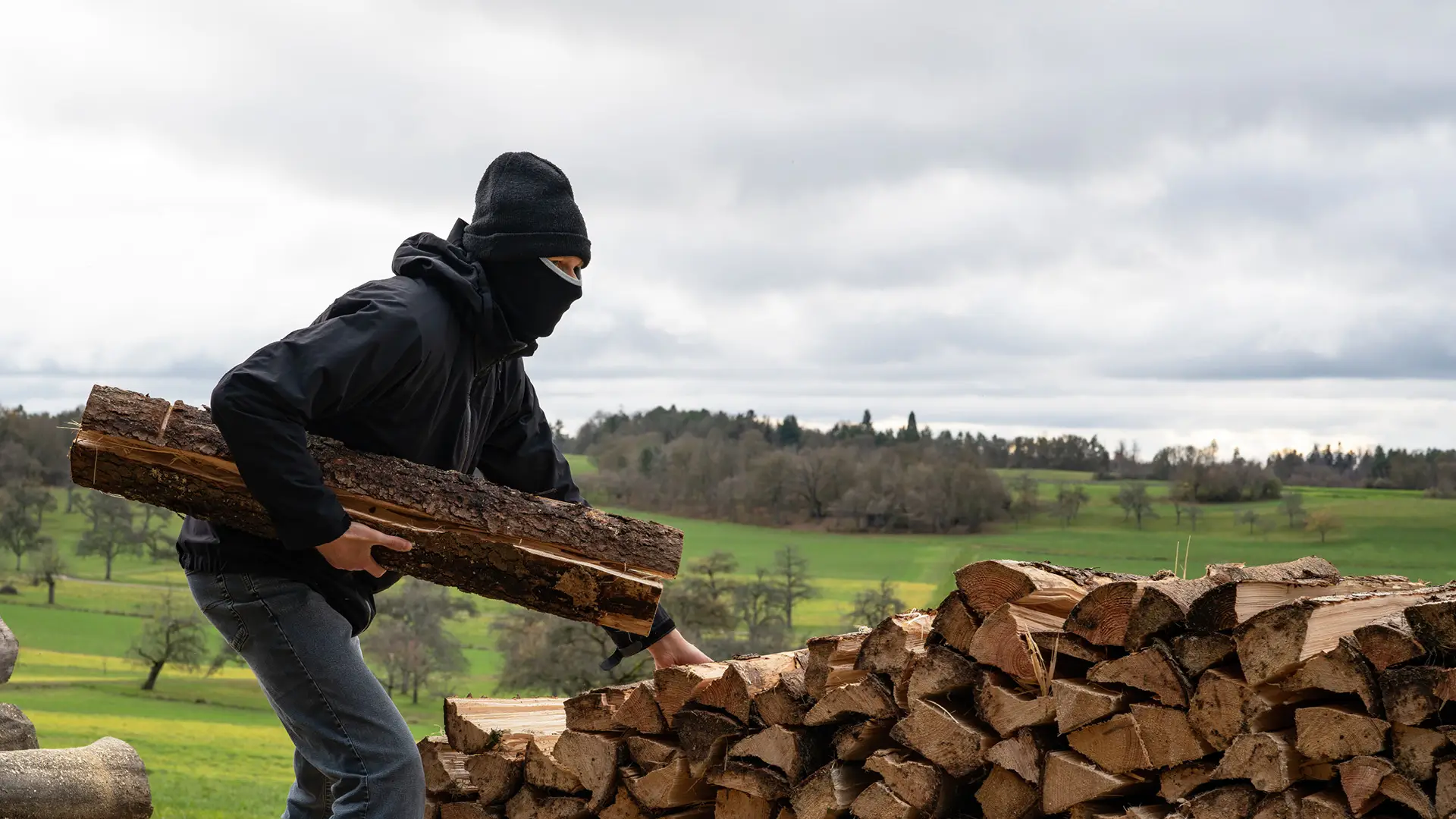 Holzdiebstahl Ein vermummter Mensch stiehlt Holz von einem Stapel